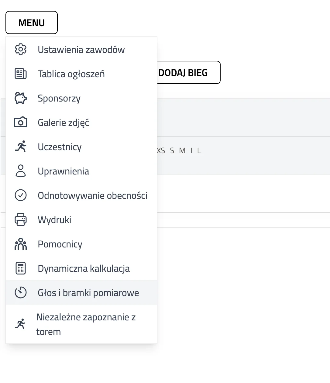 Menu planu zawodów z pozycją ustawień głosu i bramek pomiarowych