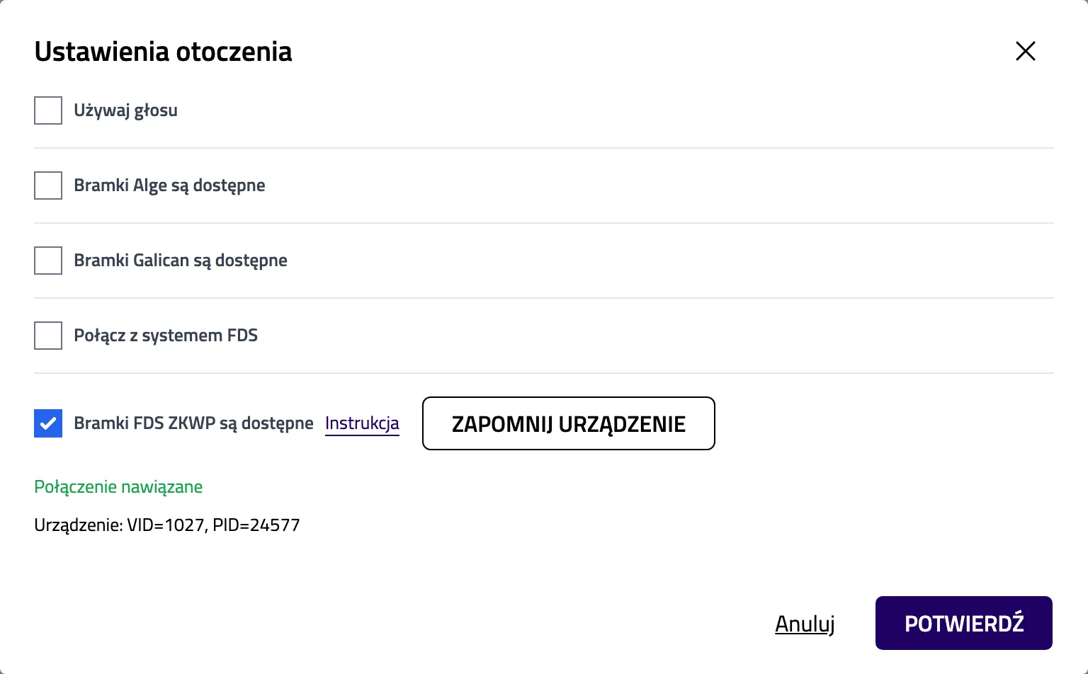 Okno ustawień z nawiązanym połączeniem z bramkami FDS ZKwP