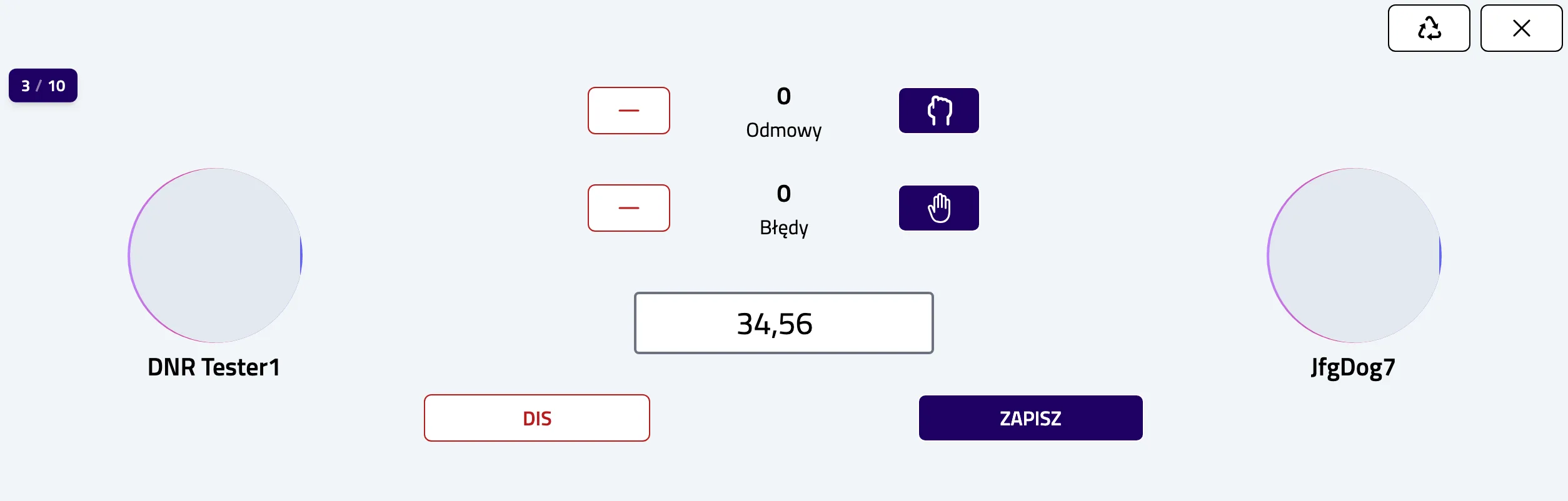 Ekran biegu z czasem z bramki wpisanym w pole sekund