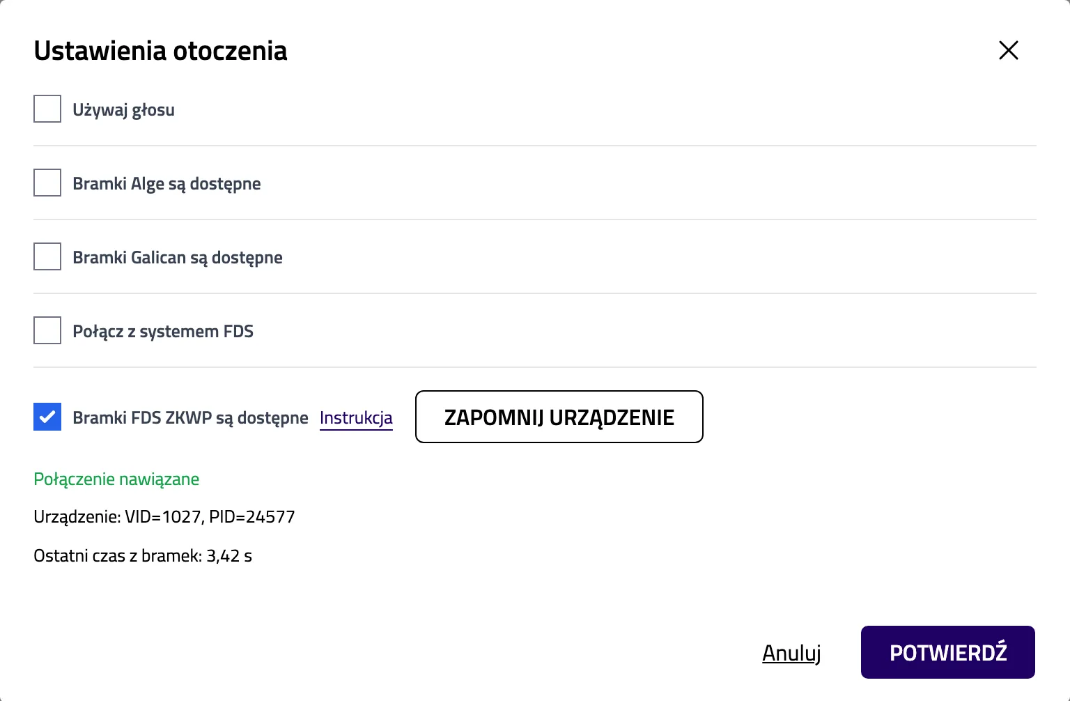 Okno nastavení s posledním časem z bran po testu samotným boxem